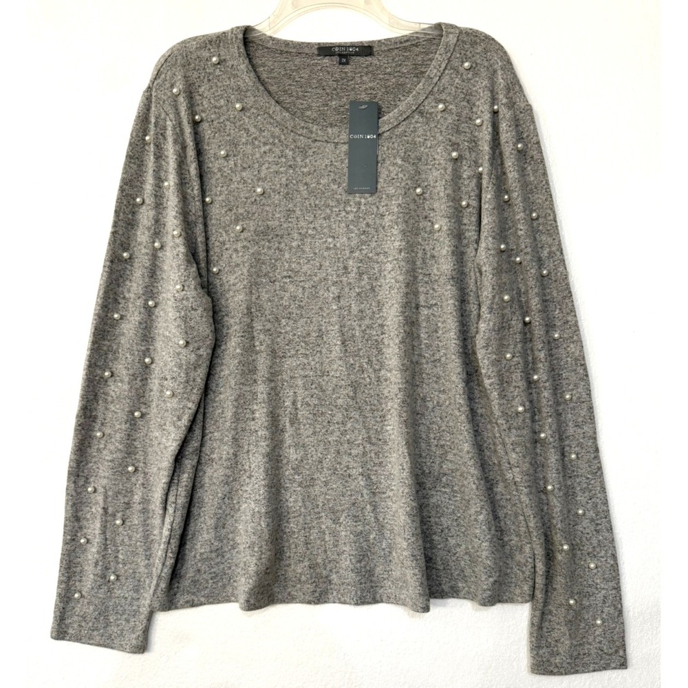 NWT Coin 1804 Size 2X‎ Heather Grey Pearl Bead Soft Knit Stretch Sweater Top